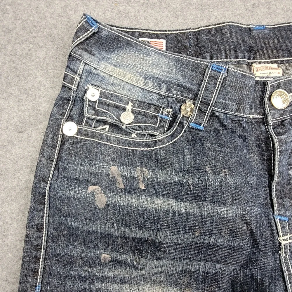 True Religion Ricky Jeans Mens 38x24 Blue Paint Splatter Contrast Stitch USA